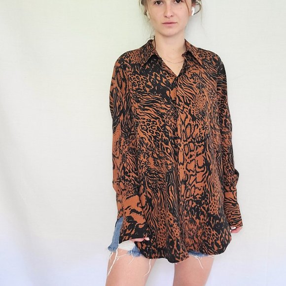 TopShop Black & Brown Tiger/Leopard Print Mixed Animal Pattern Button Down Shirt - Picture 9 of 10